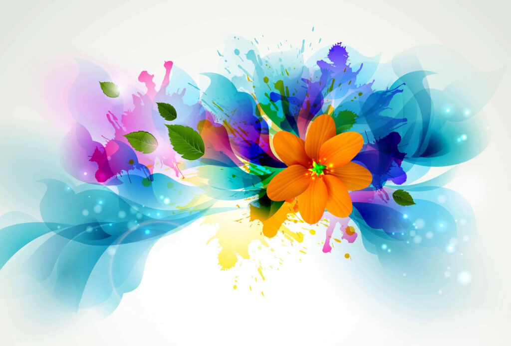 Vibrant 3D Flower Wallpaper with Colorful Splash Background