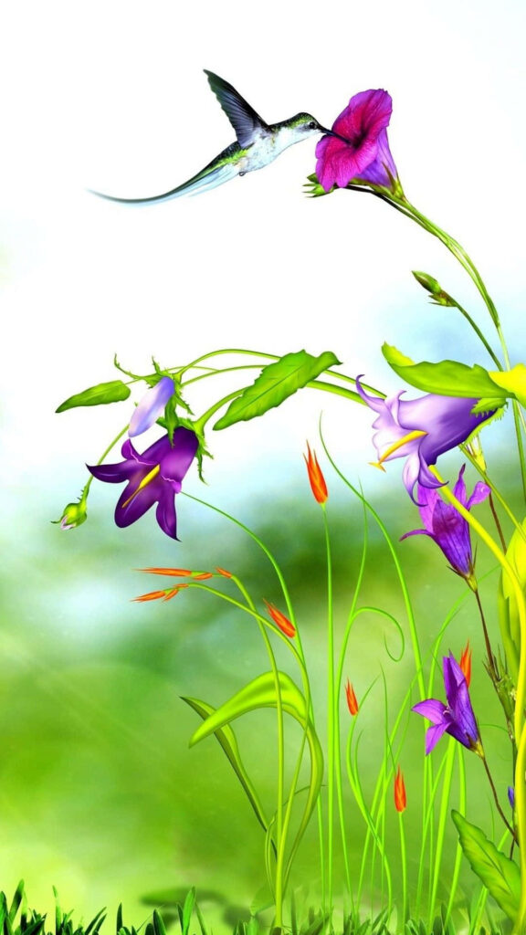 Vibrant 3D Flower Wallpaper with Hummingbird on Serene Green Backdrop