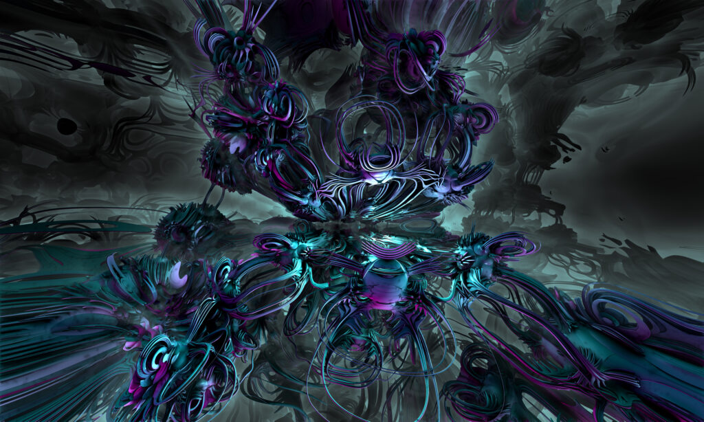 Vibrant 3D Fractal Wallpaper: Intricate Purple and Teal Design
