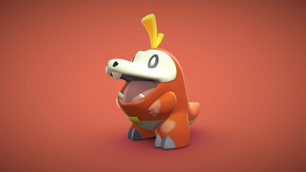 Vibrant 3D Fuecoco Wallpaper on Red Background | Pokémon Art