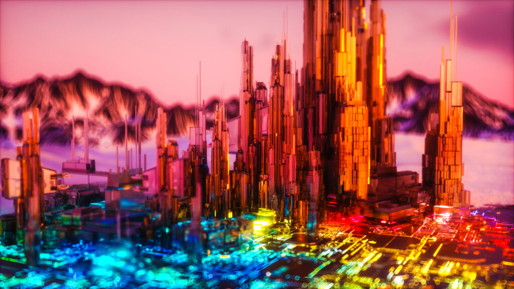 Futuristic Cityscape 3D Wallpaper: Colorful Towers & Scenic Background