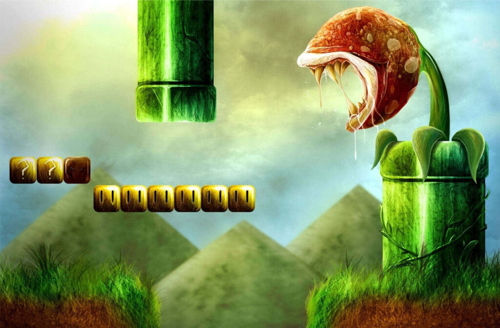 Stunning 3D Gaming Scene: Iconic Pipes & Menacing Plant Creature Wallpaper