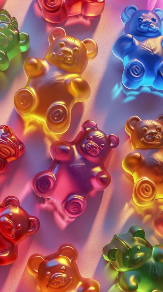 Vibrant 3D translucent gummy bears scattered on light surface with colorful rainbow lighting Wallpaper