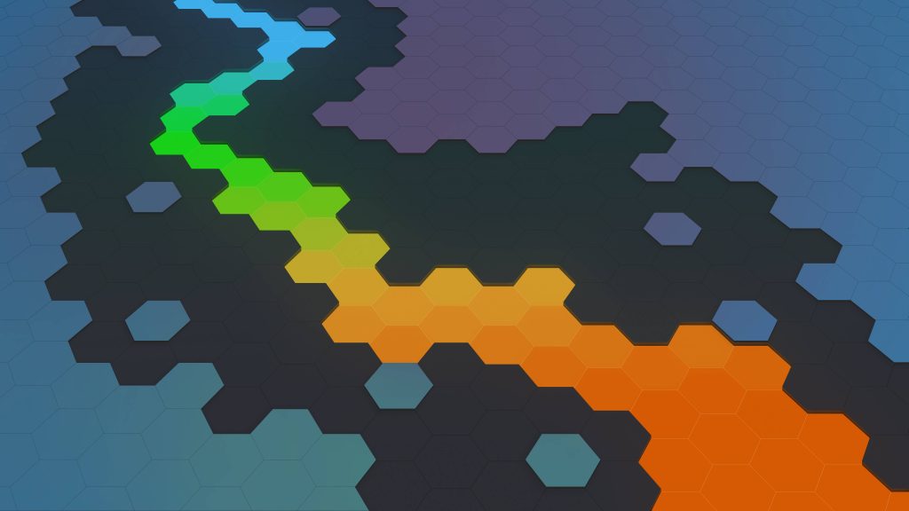 3D isometric wallpaper with vibrant hexagon path on dark grey blue honeycomb grid background