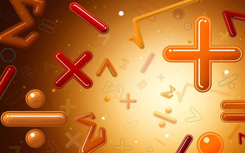 Vibrant 3D math wallpaper with glossy floating formula symbols on radiant orange gold background
