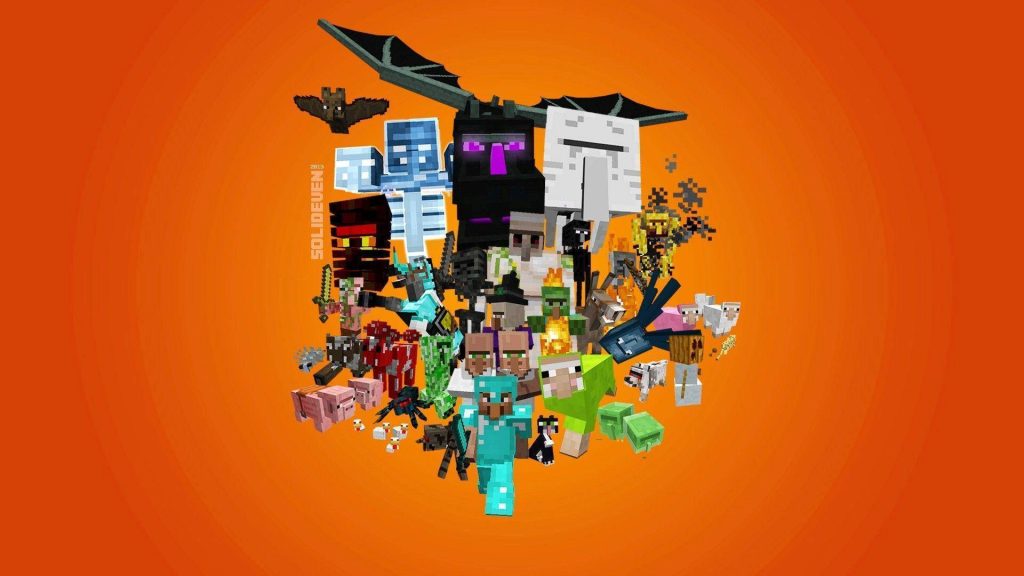 3D Minecraft wallpaper with Steve in diamond armor and iconic mobs on orange background