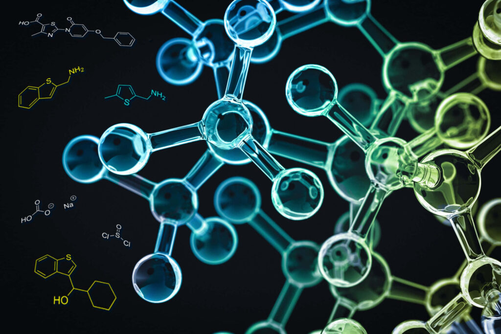 3D chemistry wallpaper with blue and green molecular structures chemical formulas on dark background