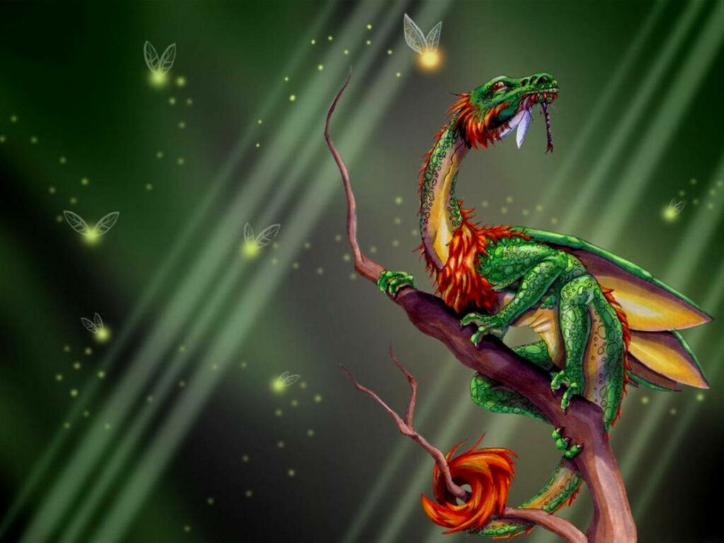 Vibrant Green 3D-Rendered Dragon Wallpaper with Mystical Backdrop