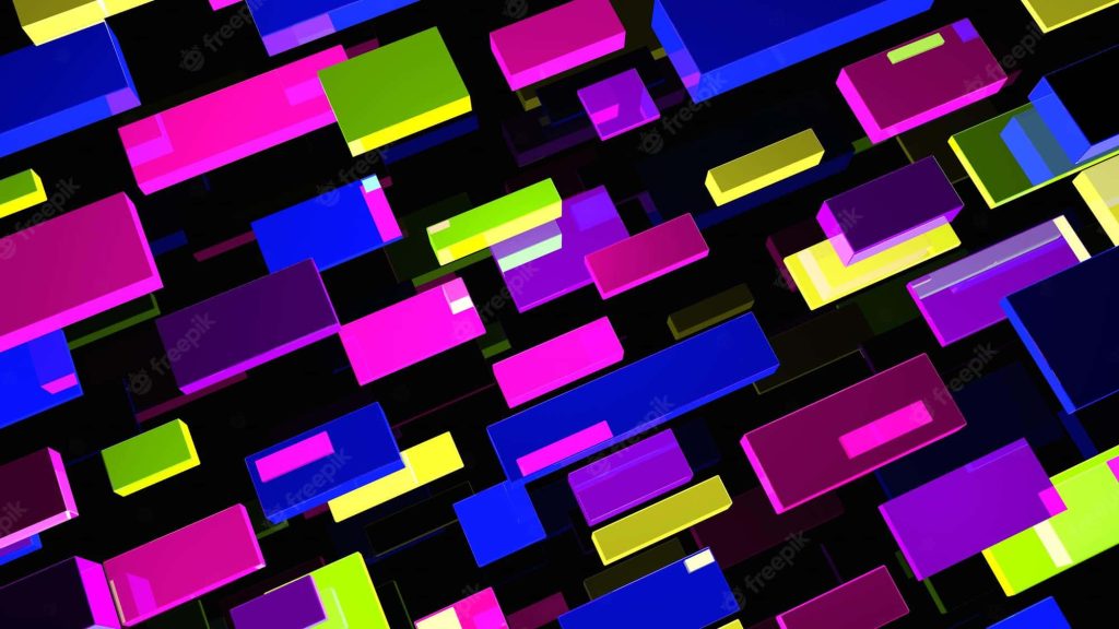 Vibrant 3D abstract background with neon pink blue and lime green floating rectangular blocks Wallpaper