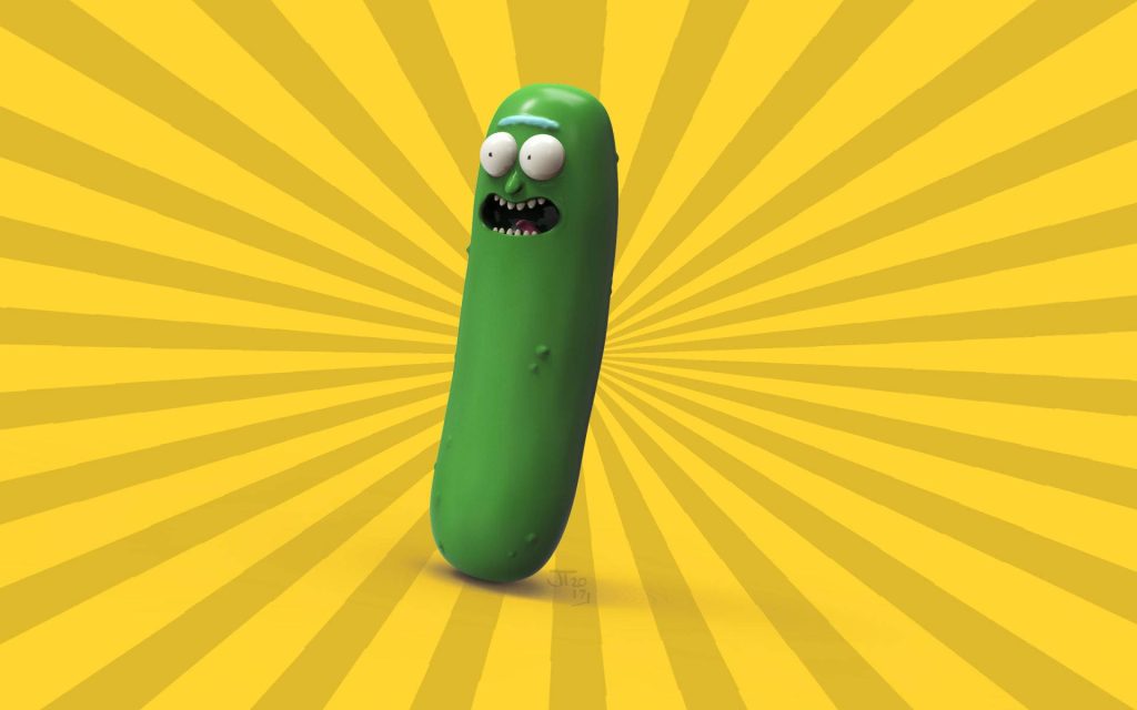 3D CGI Pickle Rick shouting vibrant wallpaper bright yellow sunburst background for Rick and Morty fans