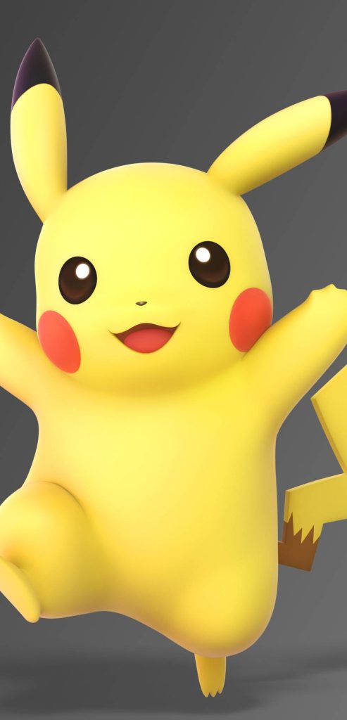 Vibrant 3D Pikachu wallpaper with joyful pose high-quality textures on minimalist grey background