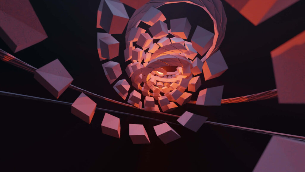 Vibrant 3D Polygonal Fractal Wallpaper: Spirals in Pink & Orange
