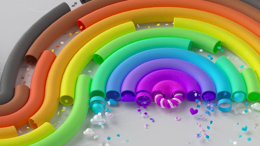 3D CGI wallpaper with vibrant rainbow tube arches stars hearts joyful Pride digital background