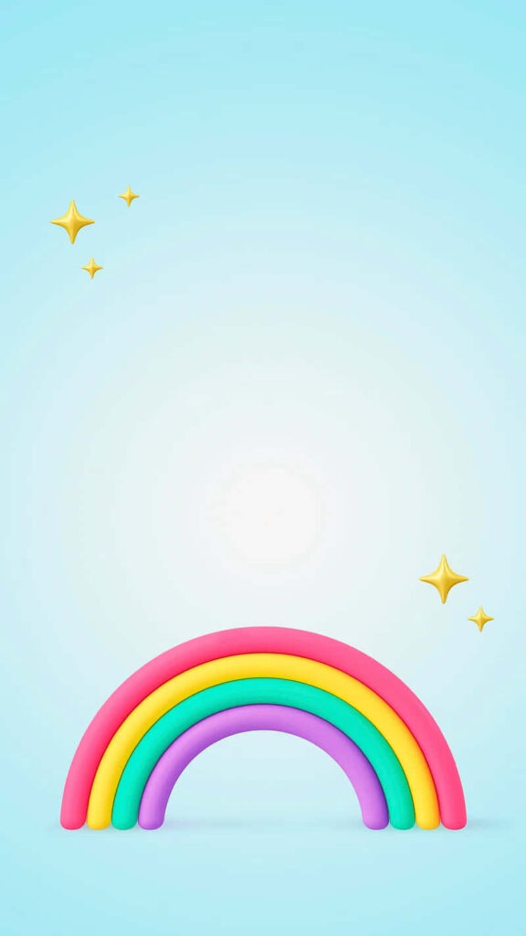 Vibrant 3D Rainbow Wallpaper with Stars on Soft Blue Background