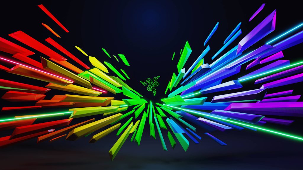 3D Razer wallpaper with triple-headed snake logo and rainbow geometric shards on black background