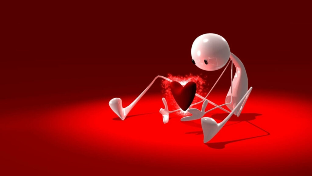 Elegant 3D Robot Holding Glowing Heart on Red Background Wallpaper