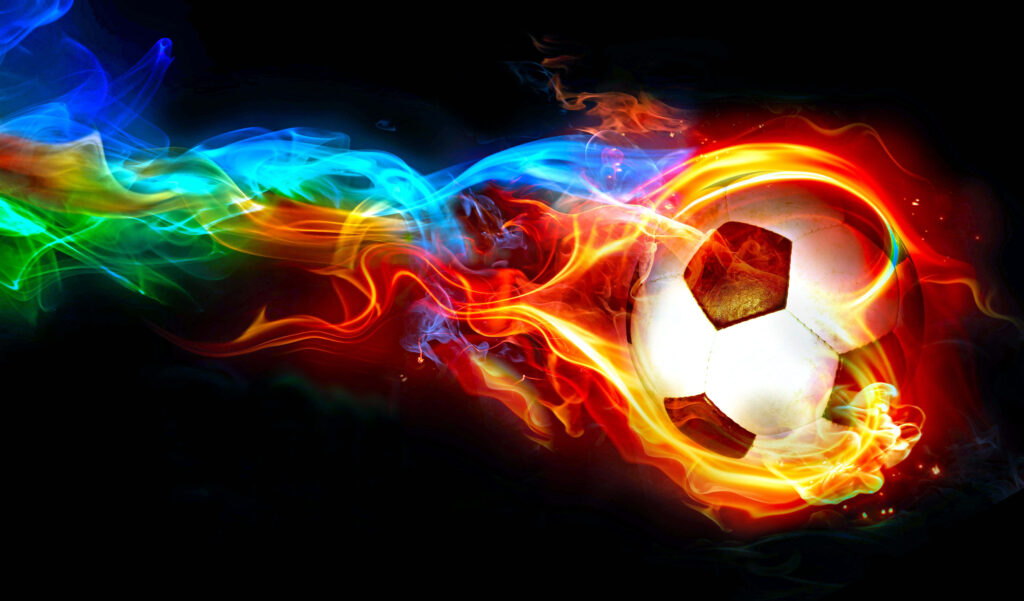 Dynamic 3D Soccer Ball Wallpaper with Vibrant Flames Background