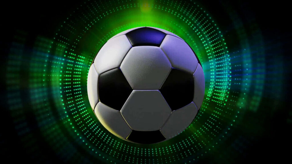 Vibrant 3D Soccer Ball Wallpaper with Green and Blue Lights