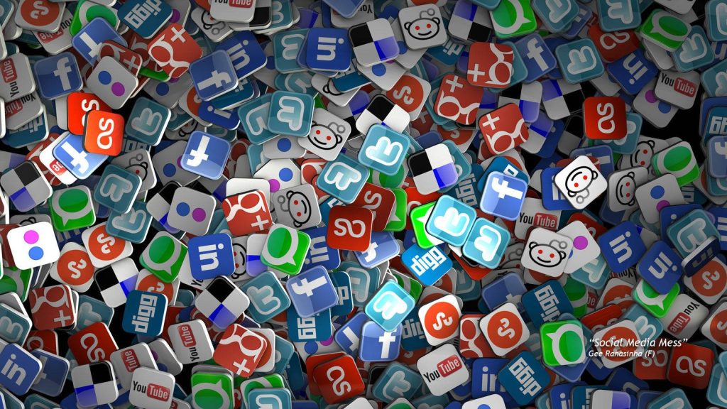 Vibrant 3D digital wallpaper with glossy social media logos Facebook LinkedIn Reddit YouTube Digg StumbleUpon