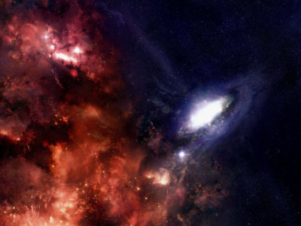 Vibrant 3D Space Wallpaper: Cozy Cosmic Panorama in Dark Blues & Reds