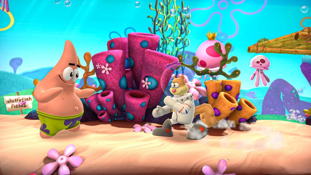 Vibrant 3D SpongeBob SquarePants wallpaper with Patrick Star Sandy Cheeks and crown jellyfish
