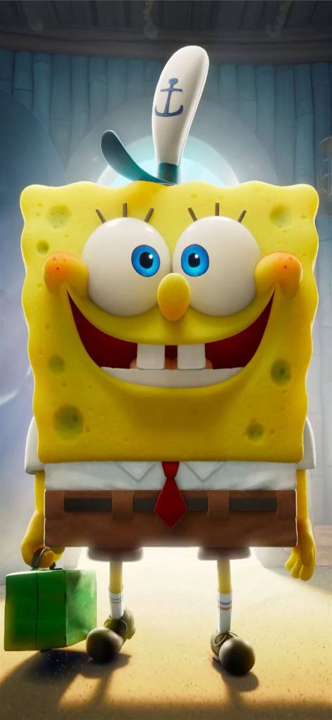 Vibrant 3D CGI iPhone wallpaper of smiling SpongeBob SquarePants with green case portrait