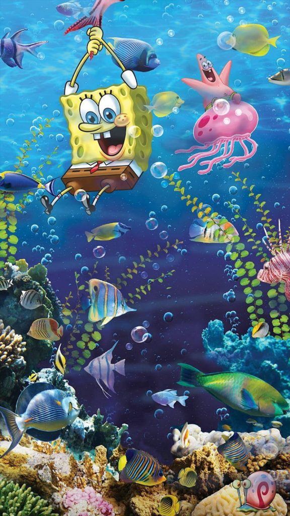 3D SpongeBob and Patrick jellyfish ride ocean wallpaper with coral reef tropical fish and Gary the Snail
