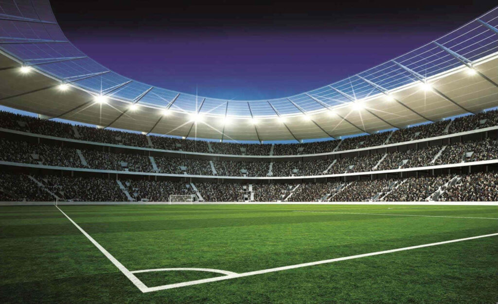Vibrant 3D Sports Arena Wallpaper with Lush Green Soccer Field