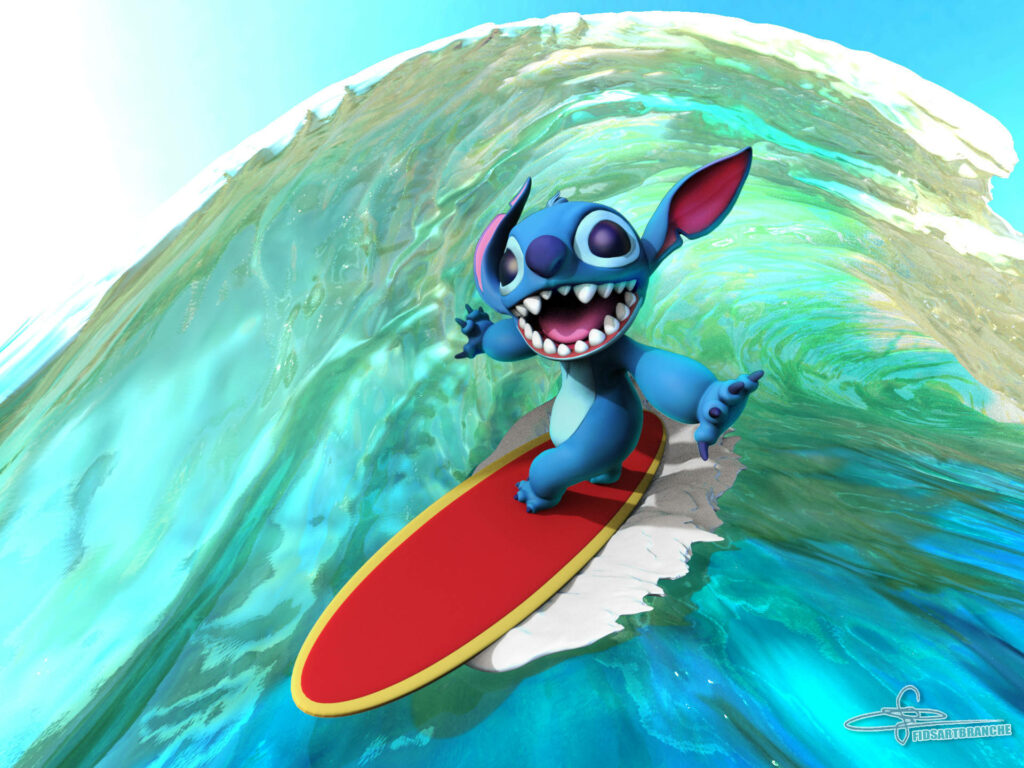 Vibrant 3D Stitch Surfing Wallpaper: Playful Ocean Wave Scene