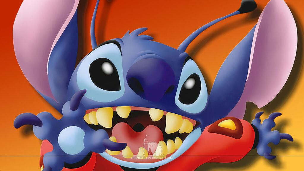 Vibrant 3D Stitch Wallpaper: Dynamic Pose on Bold Orange Background
