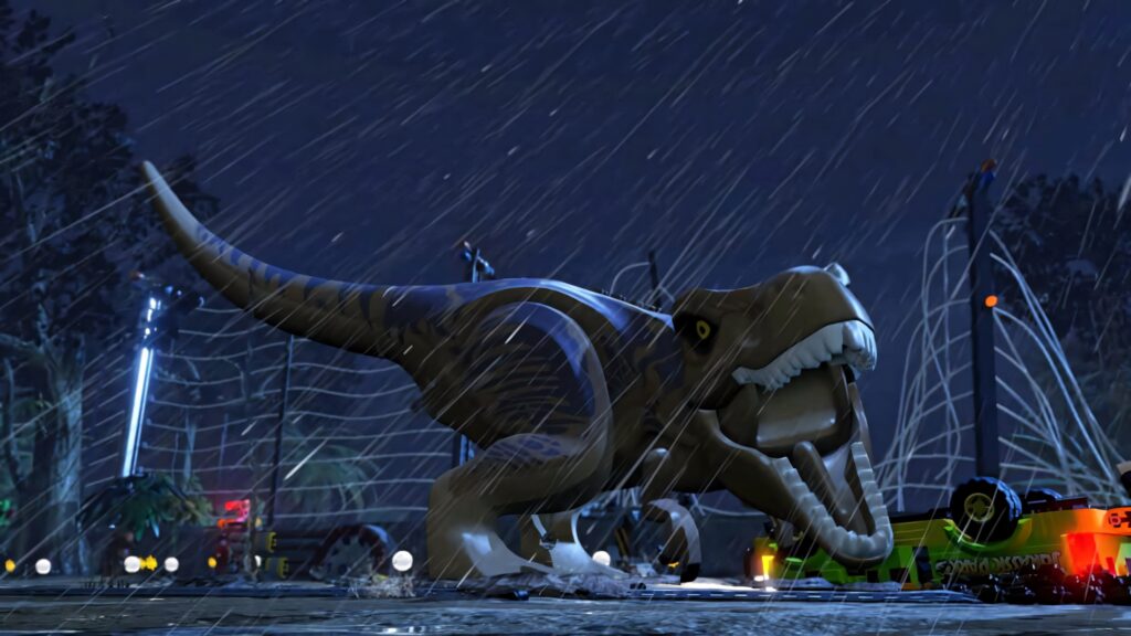 Vibrant 3D Toy T-Rex Jurassic World Wallpaper: Rainy Night Scene
