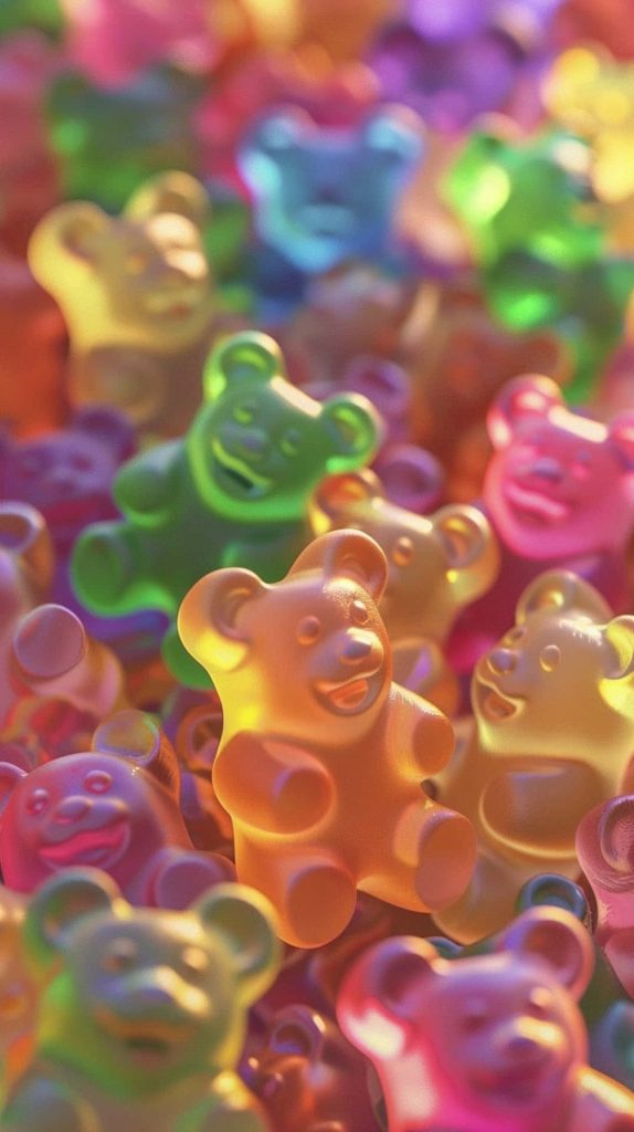 Close-up 3D vibrant translucent gummy bears macro wallpaper with glowing bokeh sweet colors