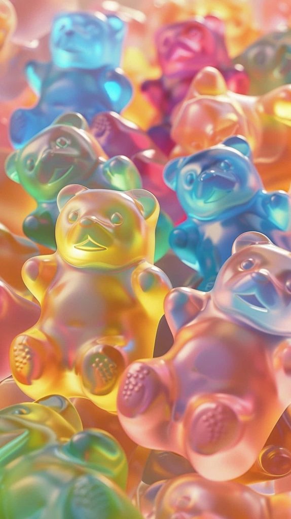 Colorful translucent gummy bears 3D wallpaper glossy texture playful candy mobile background