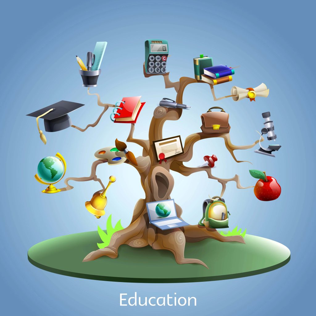 3D Tree of Knowledge digital wallpaper with laptop globe books graduation cap on blue background