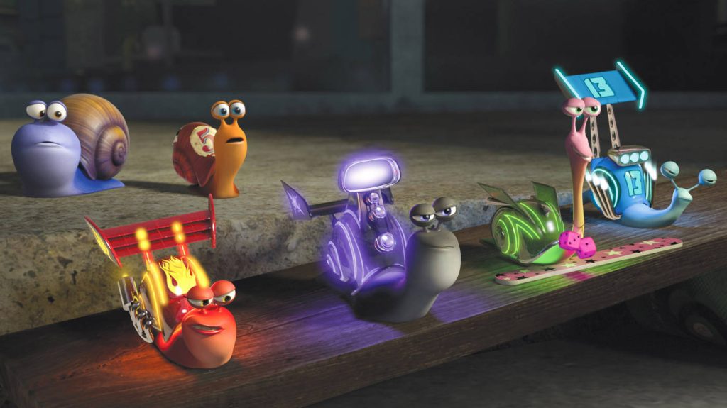 3D CGI vibrant Turbo Characters racing snails with neon lights on wooden track dark backdrop wallpaper