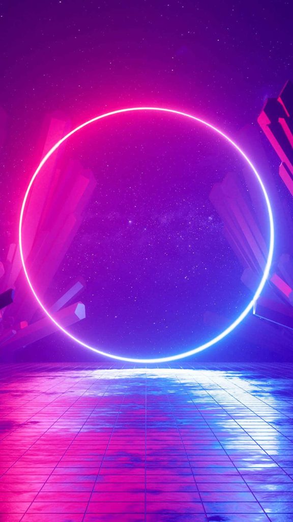 Purple synthwave 3D digital art with glowing ultraviolet ring and geometric monoliths wallpaper