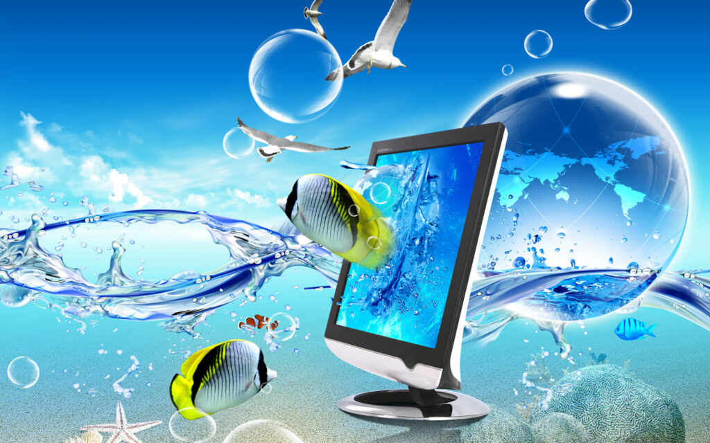 Vibrant 3D Fish Wallpaper: Immersive Ocean Scene with Bubbles & Birds