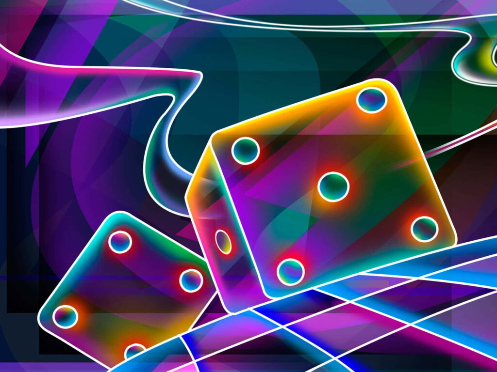 Vibrant 3D Wallpaper: Colorful Dice in Futuristic Dreamscape Background