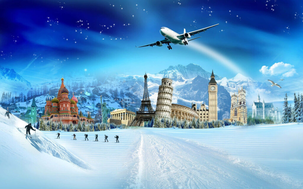 Vibrant 3D Wallpaper of Iconic Landmarks with Snowy Mountains