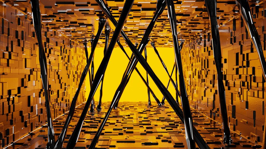 Dynamic 3D Wallpaper: Intricate Dark Elements on Vibrant Gold Background