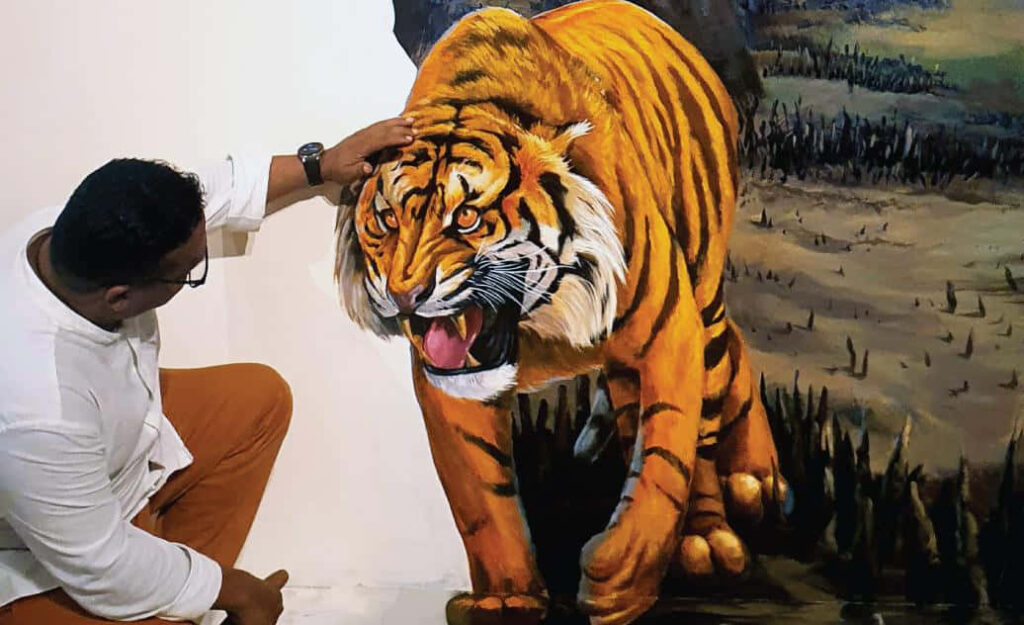 Vibrant 3D Wallpaper: Man with Lifelike Animated Tiger Background