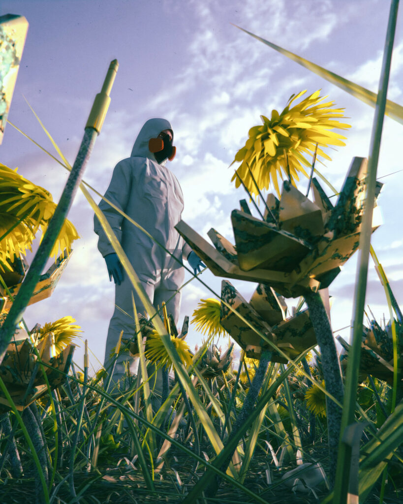 3D Man in Protective Suit Amidst Vibrant Grass & Yellow Flowers Wallpaper
