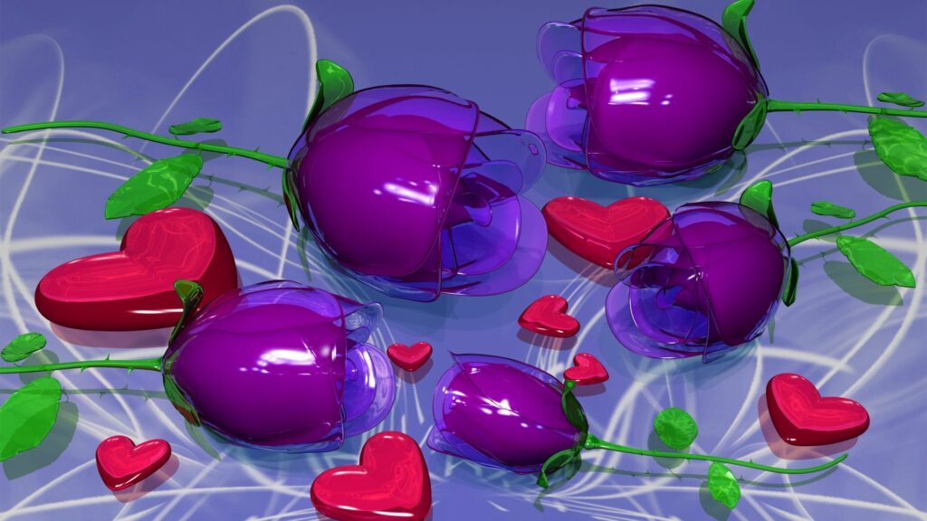 Vibrant 3D Purple Roses & Red Hearts Wallpaper - Modern Design