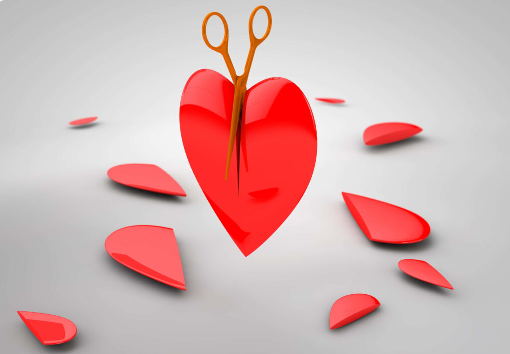 Heartbreak 3D Wallpaper: Red Heart Cut by Scissors | Emotional Conflict