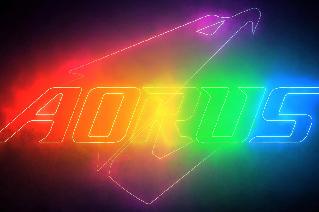 AORUS 4K logo wallpaper glowing rainbow RGB gradient on dark minimalist gaming desktop background
