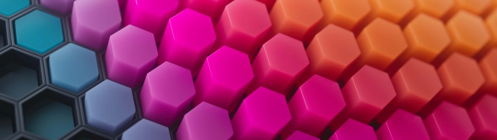 3D abstract hexagon pattern wallpaper in vibrant blue grey pink and orange gradient blocks