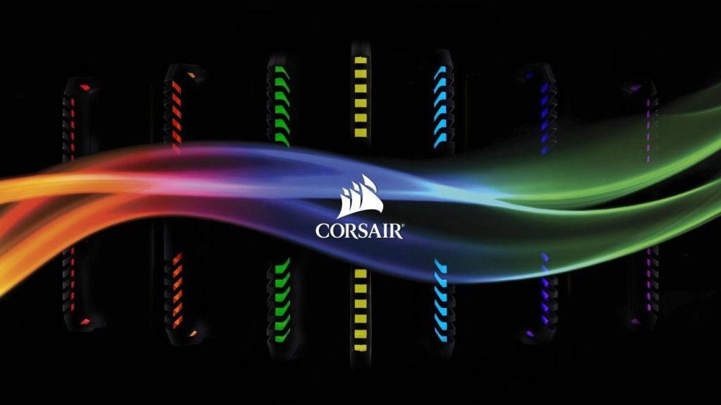 Vibrant 4K Corsair wallpaper with white logo RGB RAM and flowing rainbow light waves dark theme