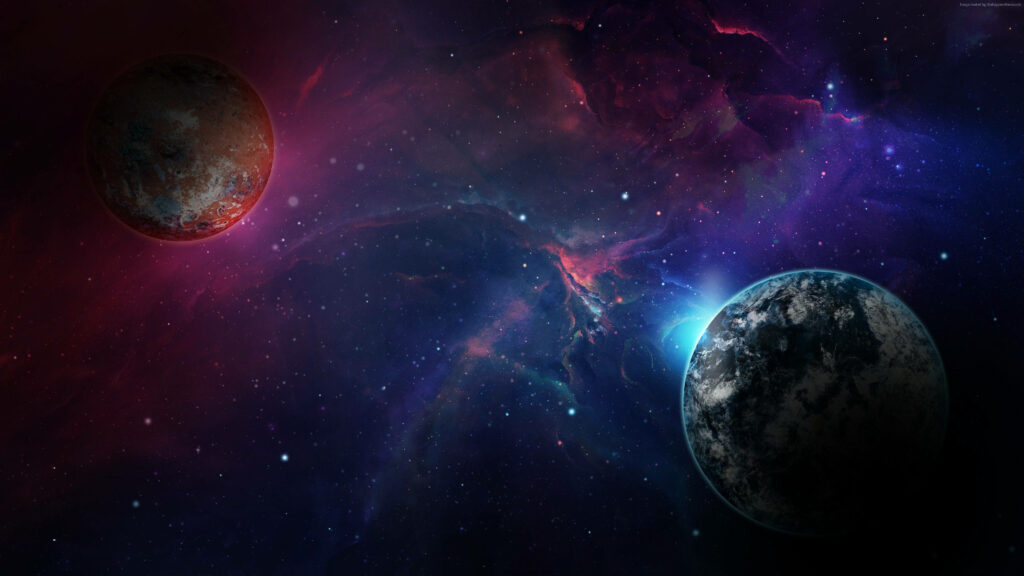 Vibrant galaxy wallpaper with cosmic colors and two detailed planets in stunning 4K resolution.