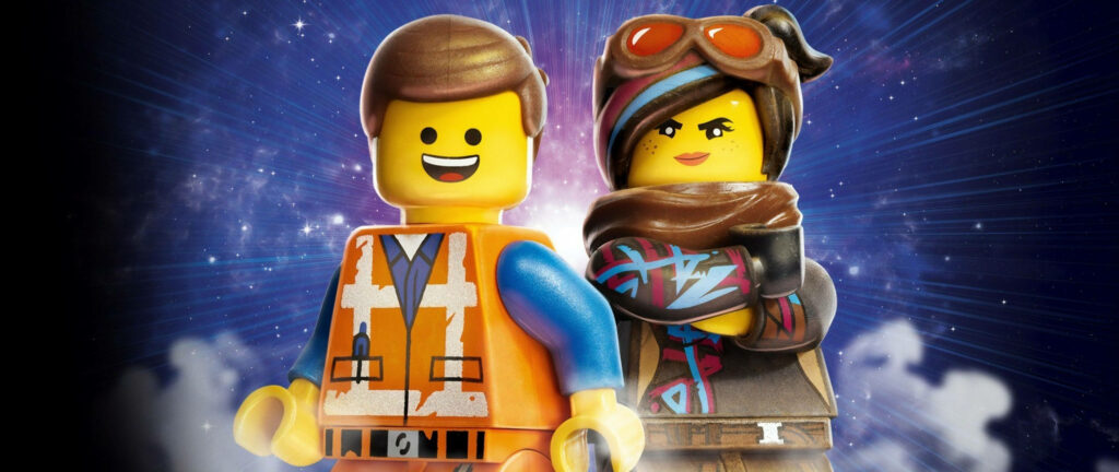 LEGO characters in 4K wallpaper with cosmic background vibrant playful block design detailed