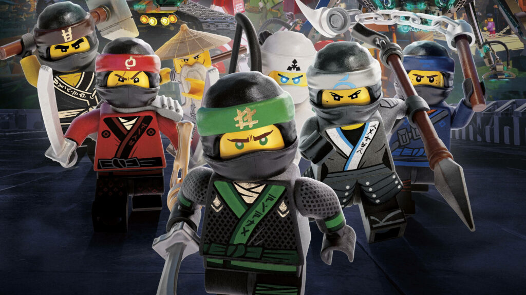 Vibrant 4K LEGO Ninjago wallpaper with ninja team in detailed costumes and city backdrop